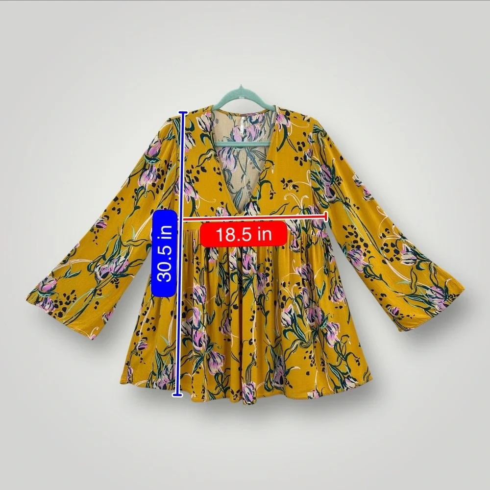 Free People Tunic Top Womens S Oversized Floral Boho Long Sleeve Flowy Rayon‎